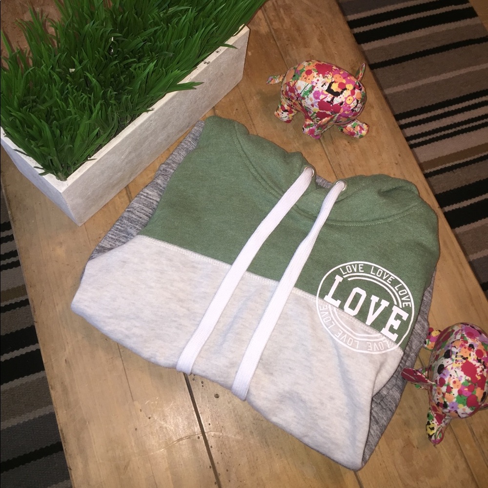 LOVE white, green, grey sweatshirt